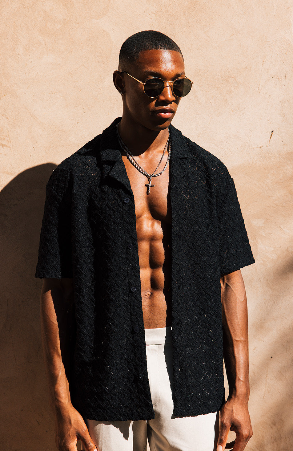 Moreno Relaxed Fit Lightweight Crochet Shirt in Black