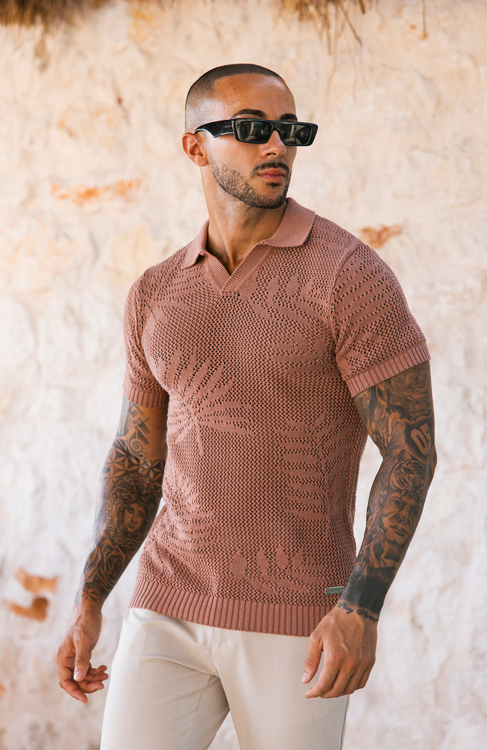 Tropics Relaxed Fit Crochet Knit Polo in Canyon