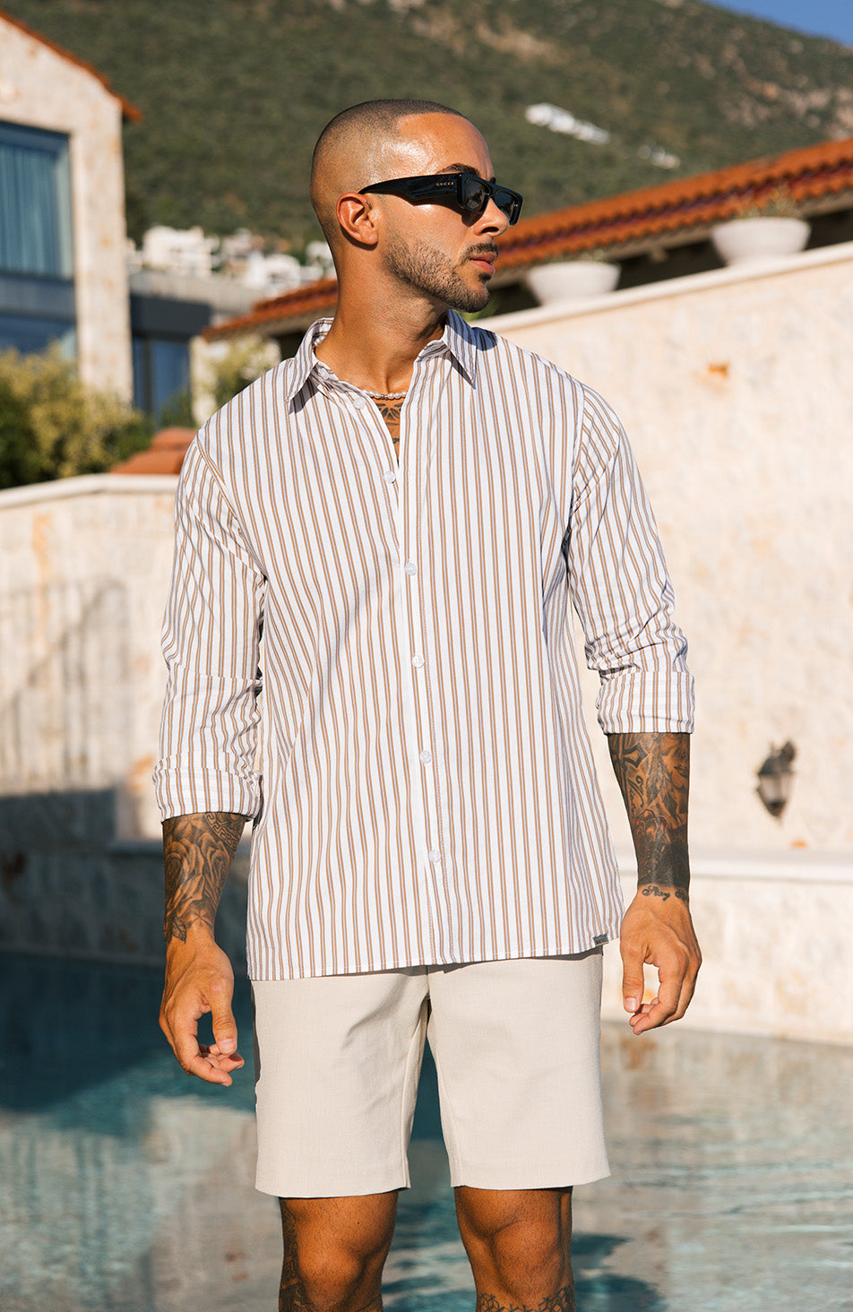 Portofino Poplin Long Sleeve Stretch Shirt in Brown
