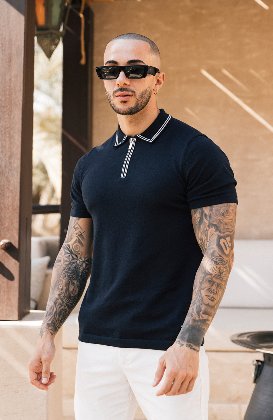 Newbury Slim Zip Knit Polo in Navy