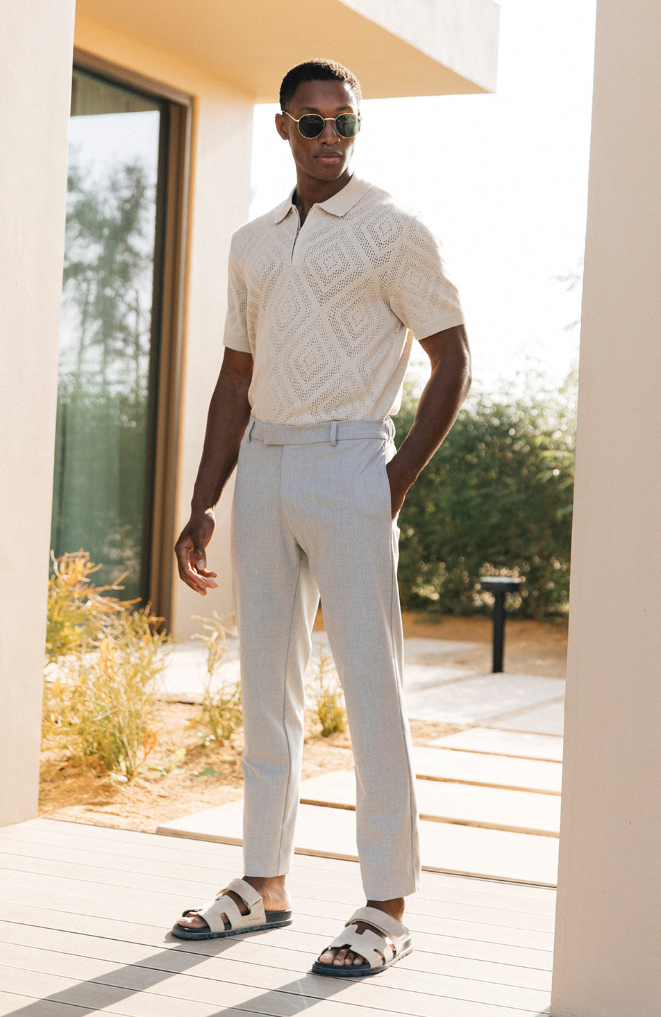 Chalbi Slim Fit Knit Pointelle Zip Polo in Beige