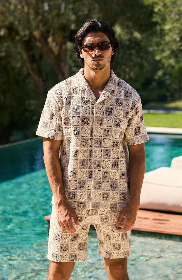 Tulum Relaxed Checked Crochet Shirt in Beige