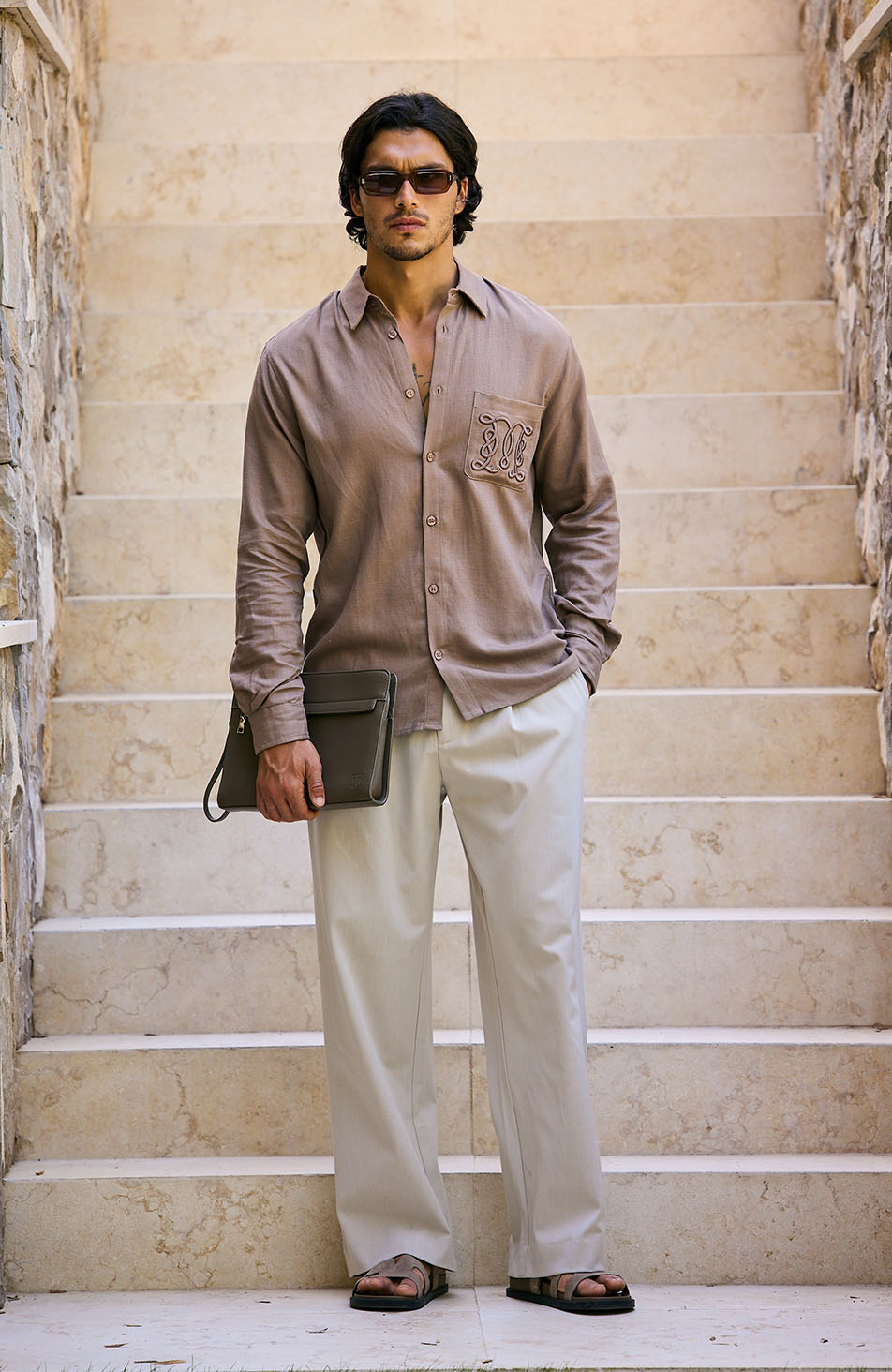 Monogram Linen Blend Embroidered Shirt in Brown