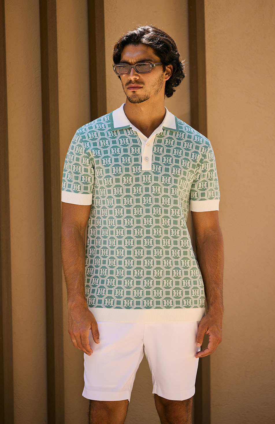 Monogram Jacquard Knit Polo in Sage