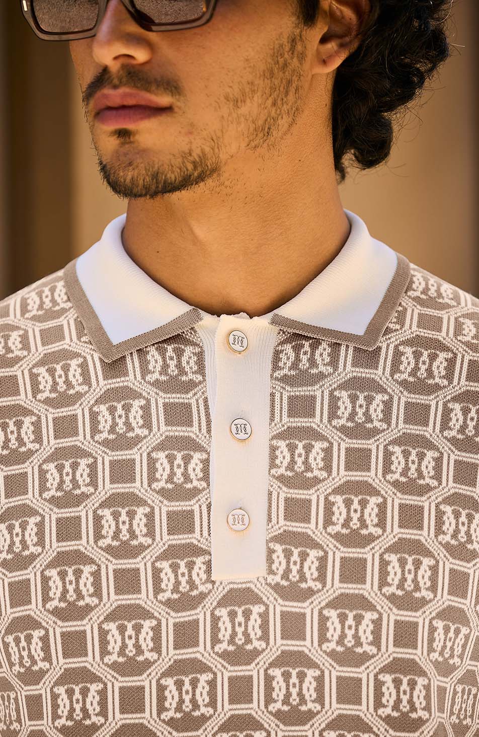 Monogram Jacquard Knit Polo in Beige