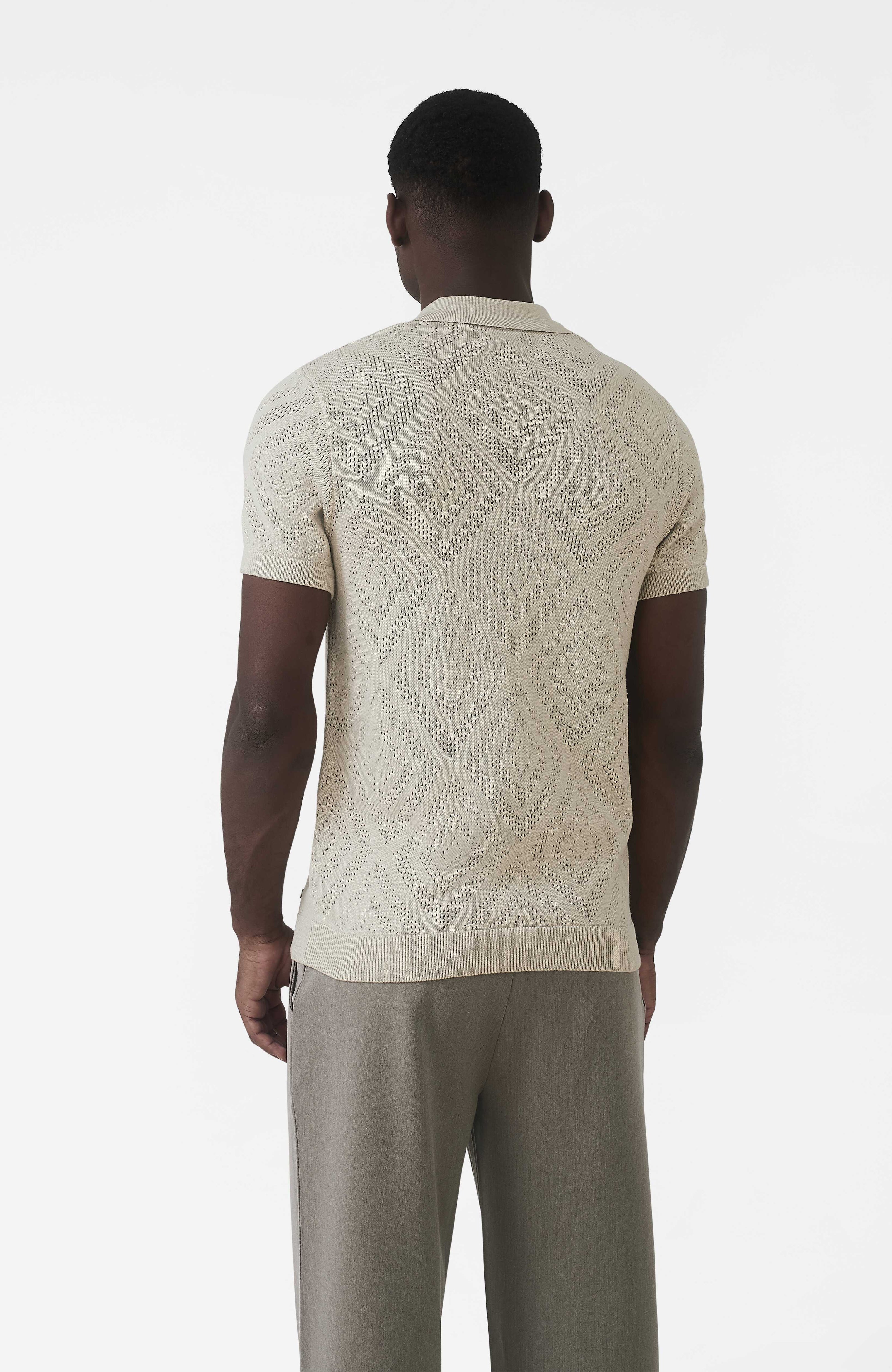 Chalbi Slim Fit Knit Pointelle Zip Polo in Beige