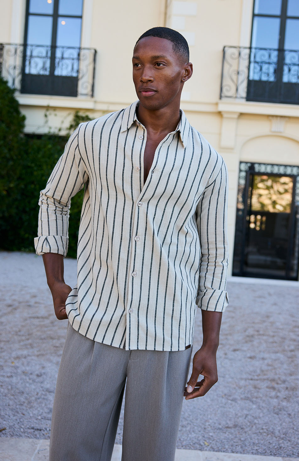 Arienzo Long Sleeve Stripe Shirt in Beige