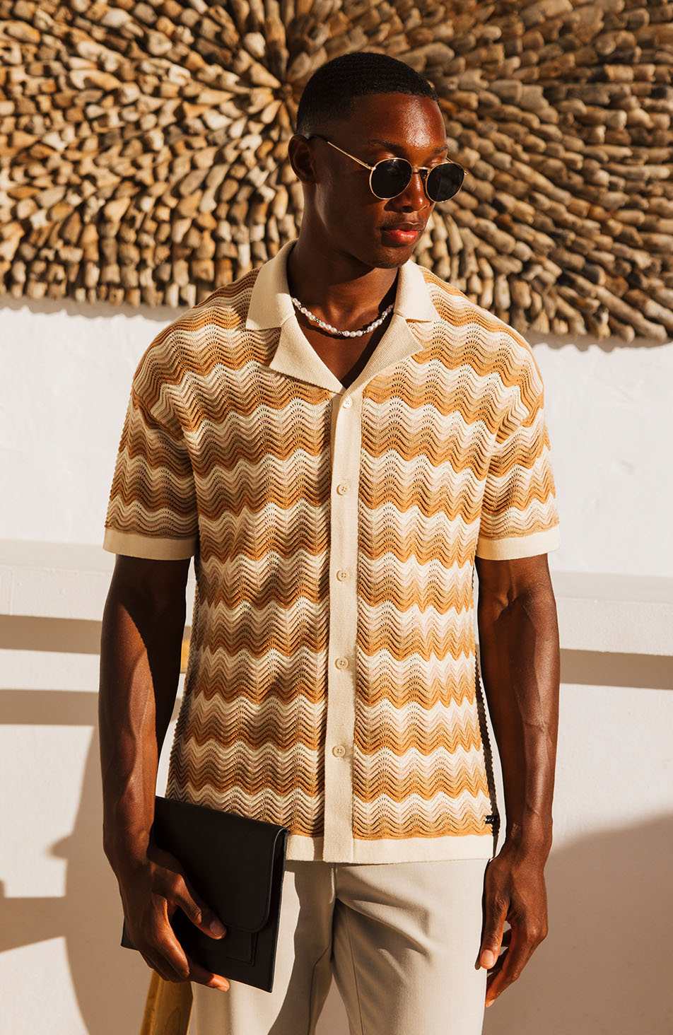 Aruba Textured Relaxed Fit Knitted Shirt in Beige