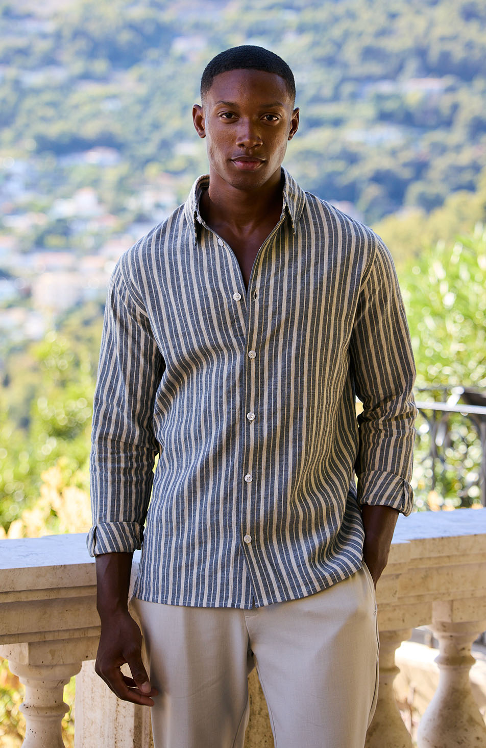Bocelli Long Sleeve Stripe Shirt in Beige and Charcoal