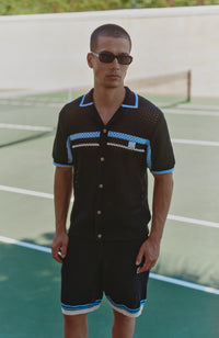 Malibu Cotton Short Sleeve Crochet Shirt in Black