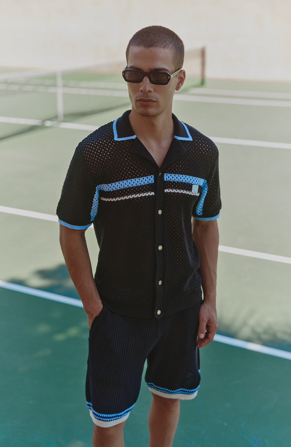 Malibu Cotton Short Sleeve Crochet Shirt in Black