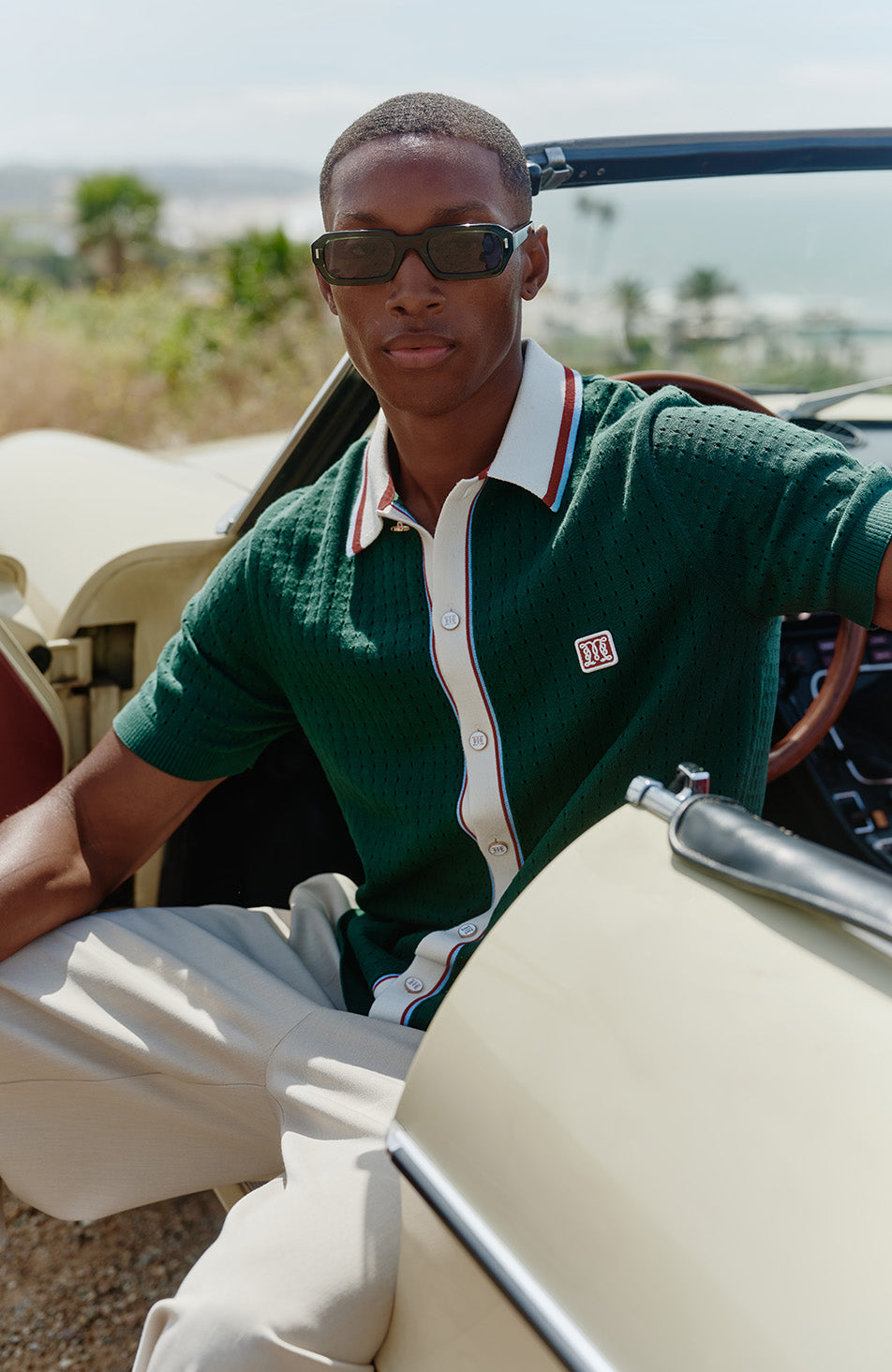 Marmont Pointelle Knitted Short Sleeve Shirt in Green