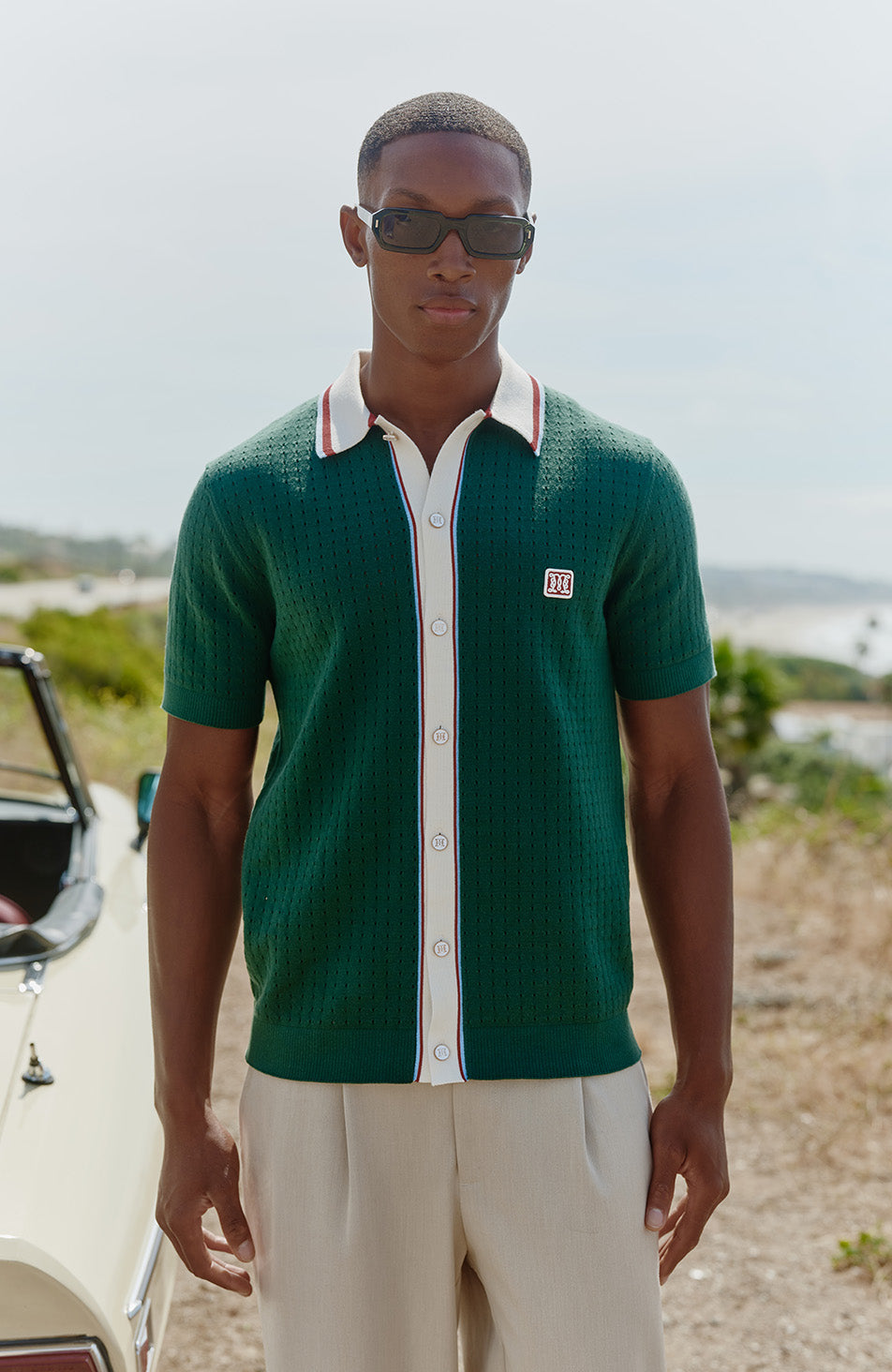 Marmont Pointelle Knitted Short Sleeve Shirt in Green