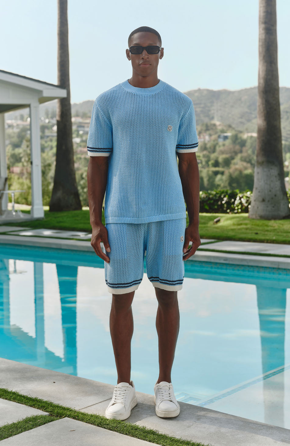 Malibu Cotton Short Sleeve Crochet T-shirt in Blue