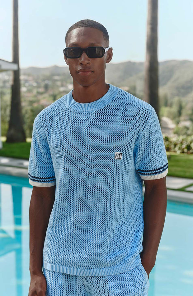 Malibu Cotton Short Sleeve Crochet T-shirt in Blue