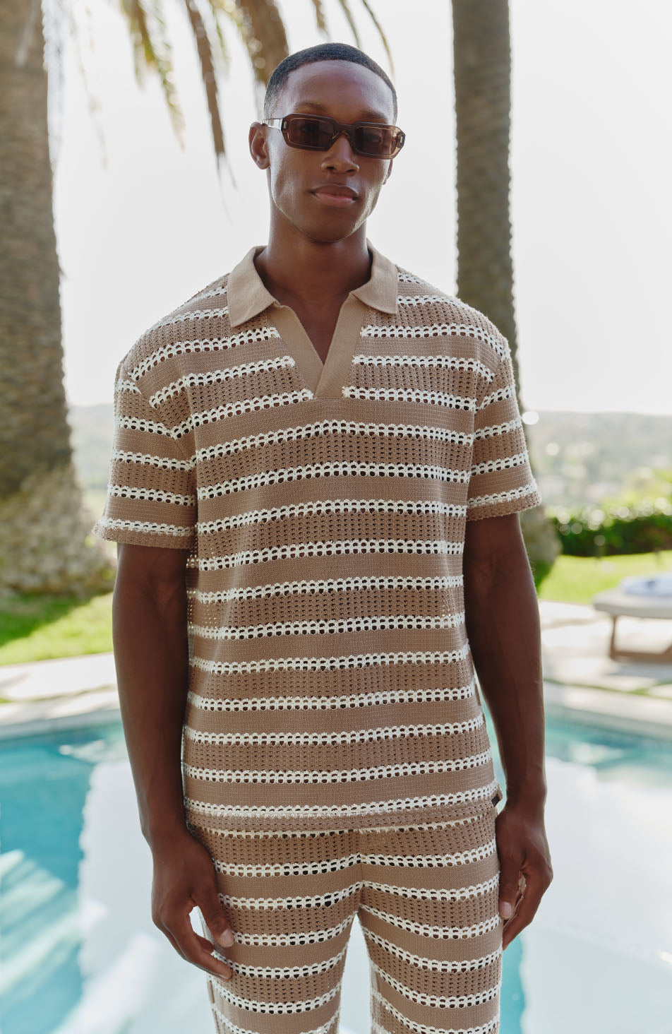 Romano Boxy Stripe Polo in Taupe