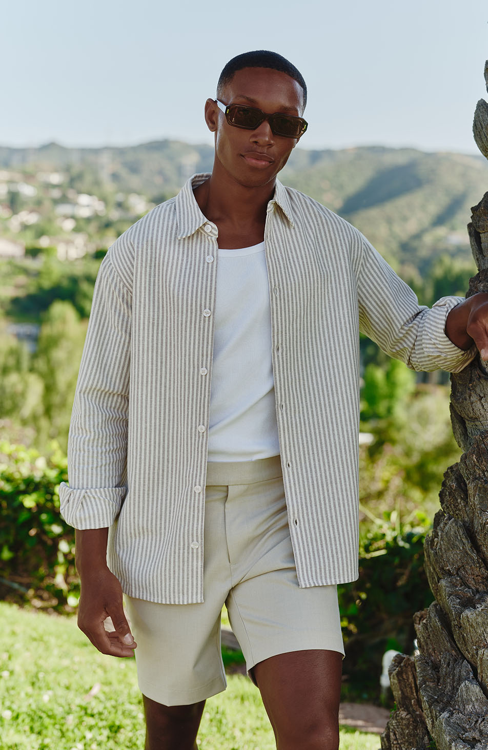 Balencio Embroidered Stripe Shirt in Beige and White