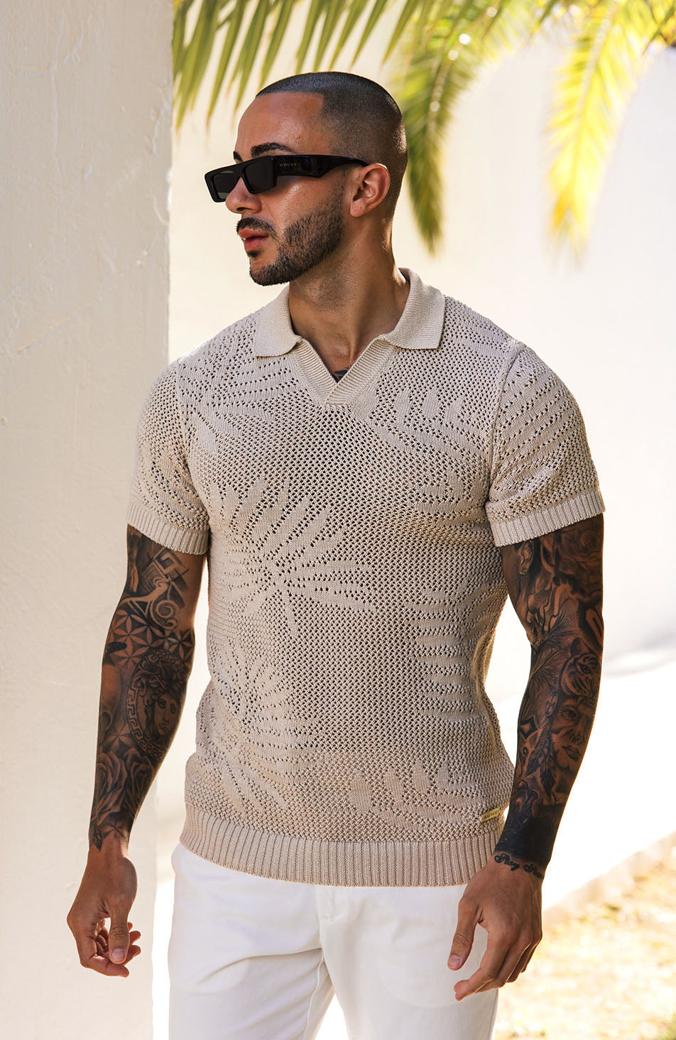 Tropics Relaxed Fit Crochet Knit Polo in Beige