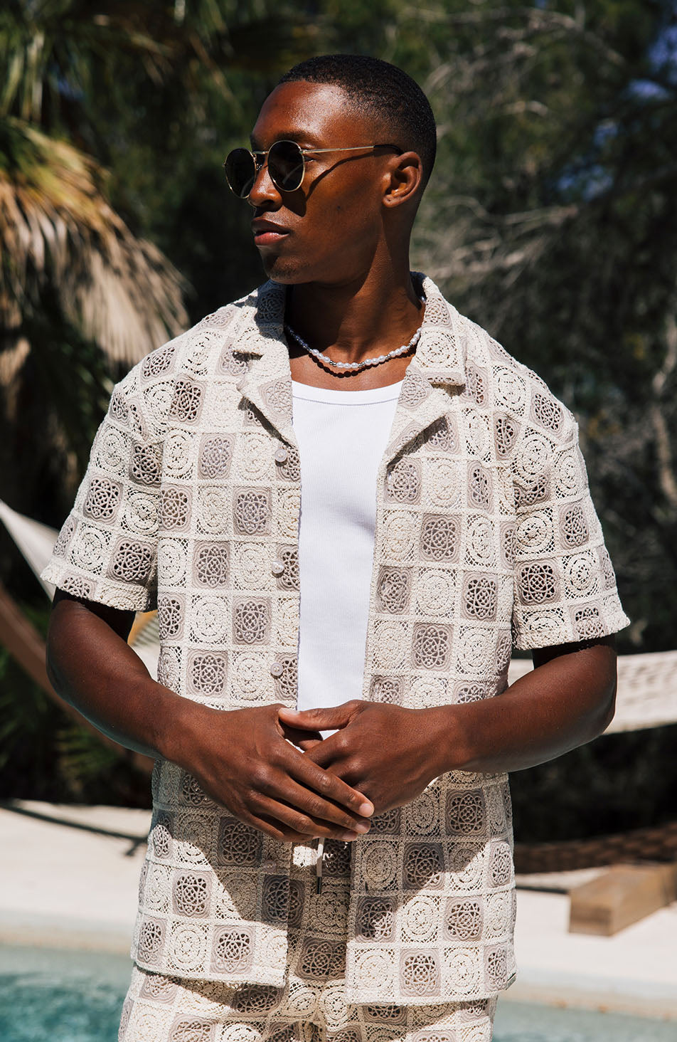 Tulum Relaxed Checked Crochet Shirt in Beige