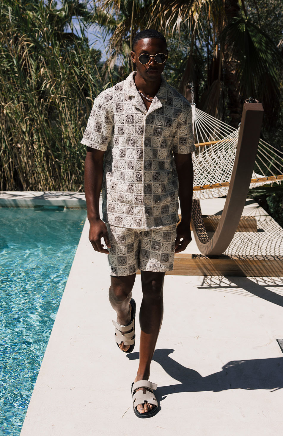 Tulum Checked Crochet Relaxed Fit Lined Shorts in Beige