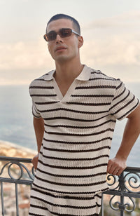 Romano Boxy Stripe Polo in Cream and Brown