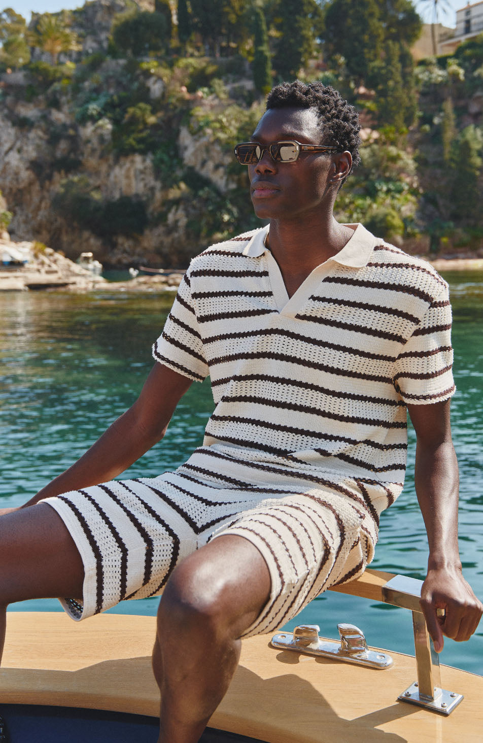Romano Boxy Stripe Polo in Cream and Brown