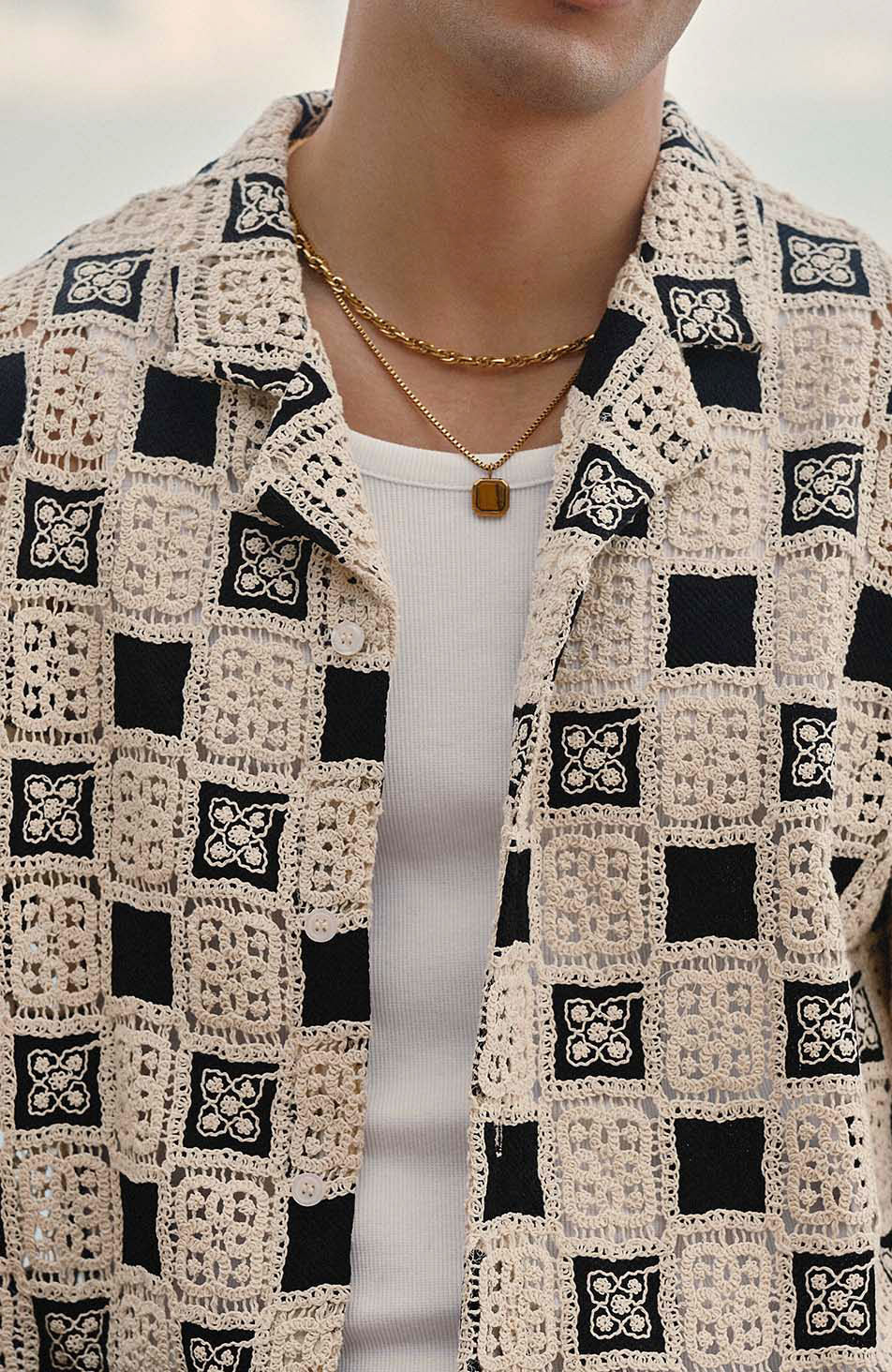 Bellagio Relaxed Checked Crochet Shirt in Black