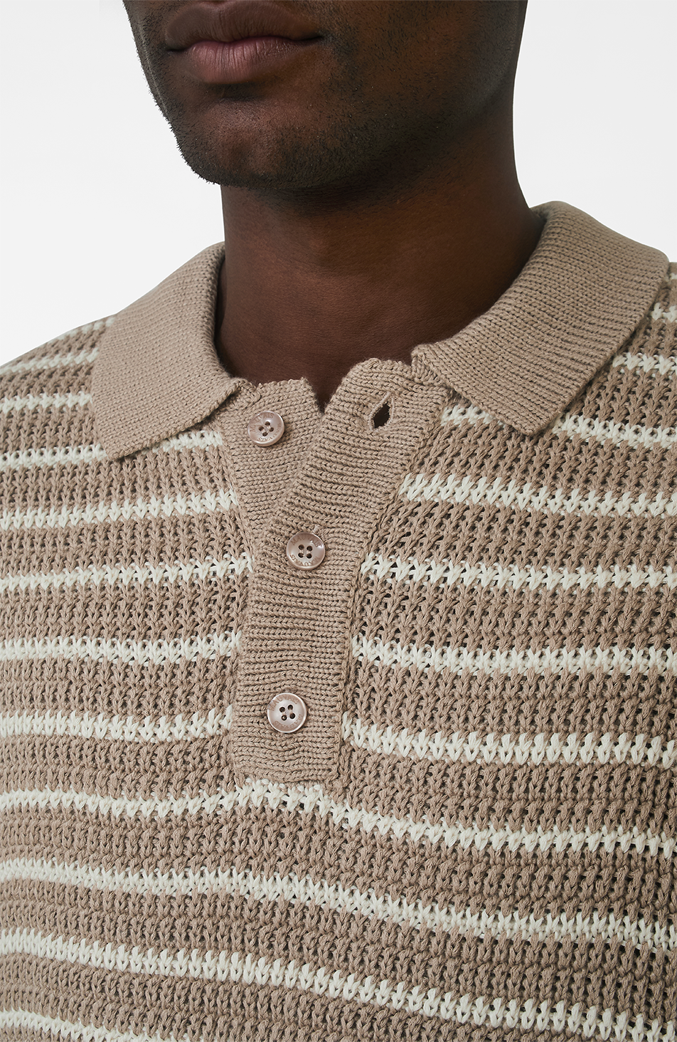 Fontelina Button Placket Knit Stripe Polo in Beige