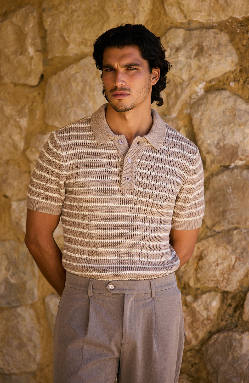 Fontelina Button Placket Knit Stripe Polo in Beige
