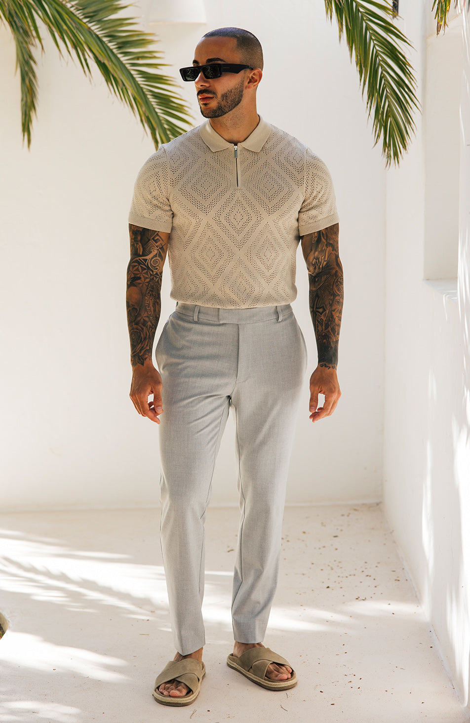 Chalbi Slim Fit Knit Pointelle Zip Polo in Beige