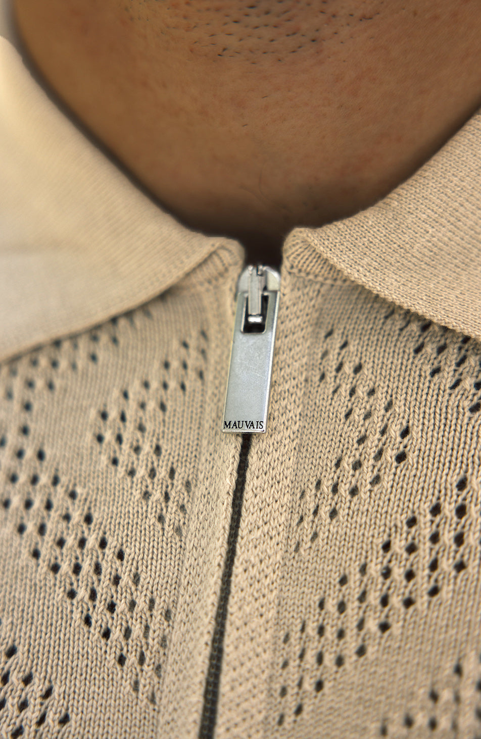 Chalbi Slim Fit Knit Pointelle Zip Polo in Beige