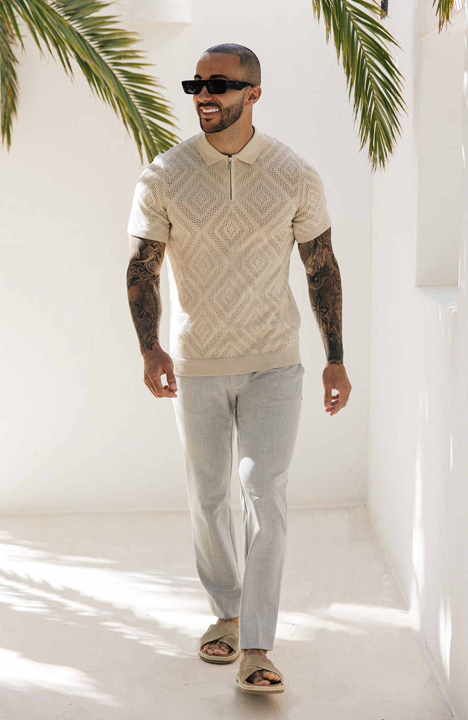 Chalbi Slim Fit Knit Pointelle Zip Polo in Beige