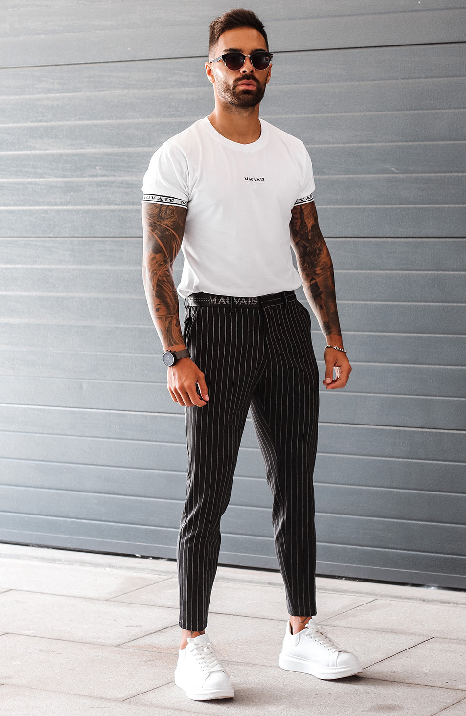 Pinstripe Trousers with Half Belt in Black