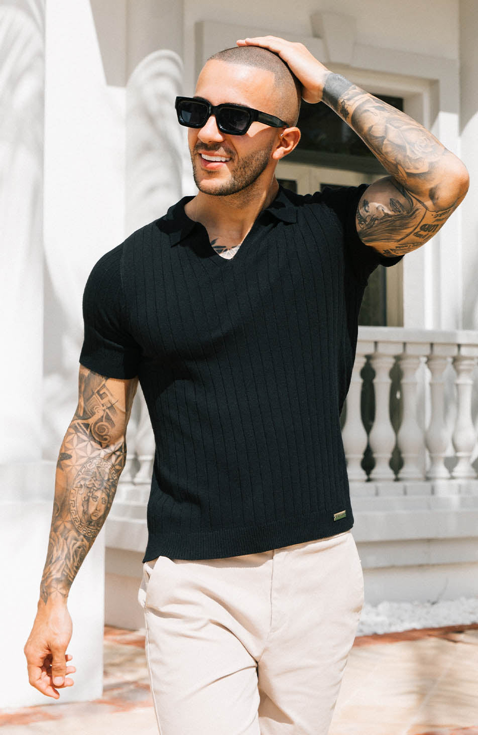 Premium Revere Rib Knit Polo in Black