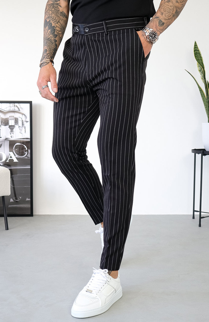Pinstripe Trousers with Half Belt in Black