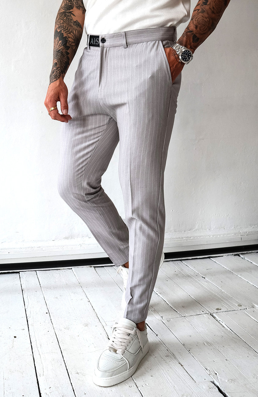 Pinstripe Trousers with Half Belt in Grey