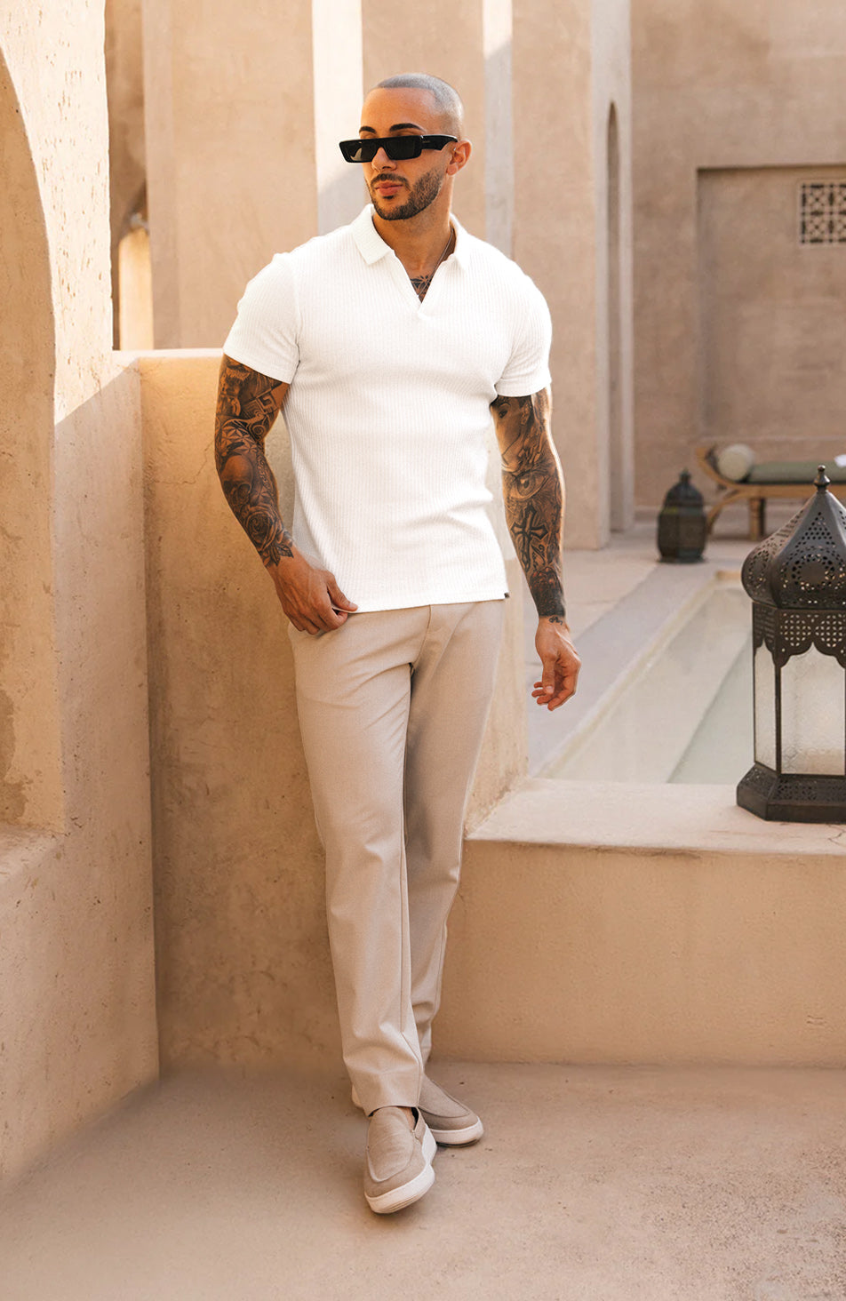 Elysee Slim Ribbed Revere Polo in White