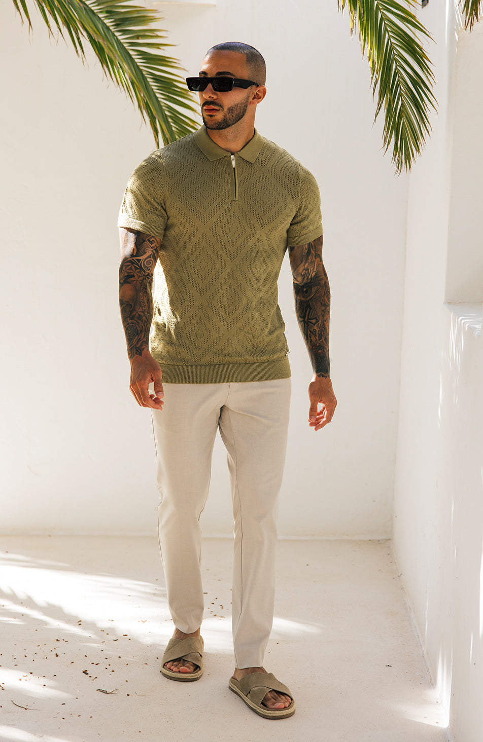 Chalbi Slim Pointelle Zip Polo in Green