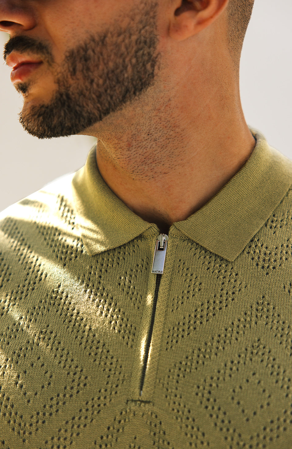Chalbi Slim Fit Knit Pointelle Zip Polo in Green