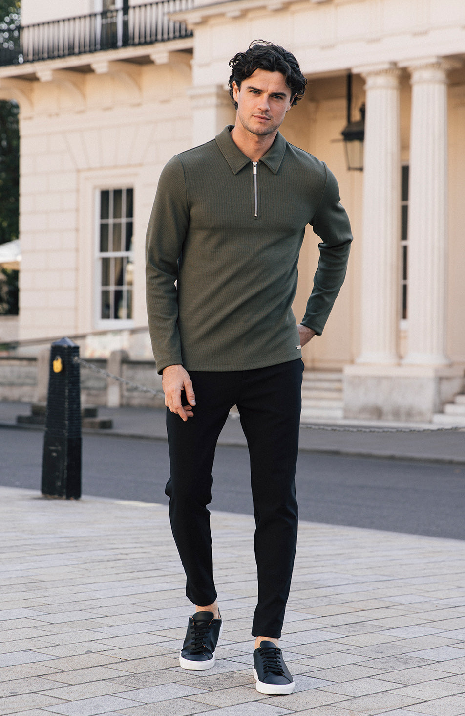 Rivoli Premium Rib LS Zip Polo in Khaki