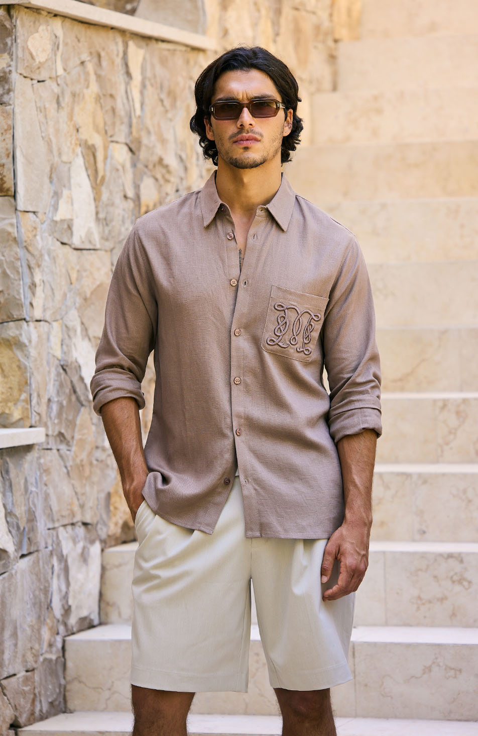 Monogram Linen Blend Embroidered Shirt in Brown