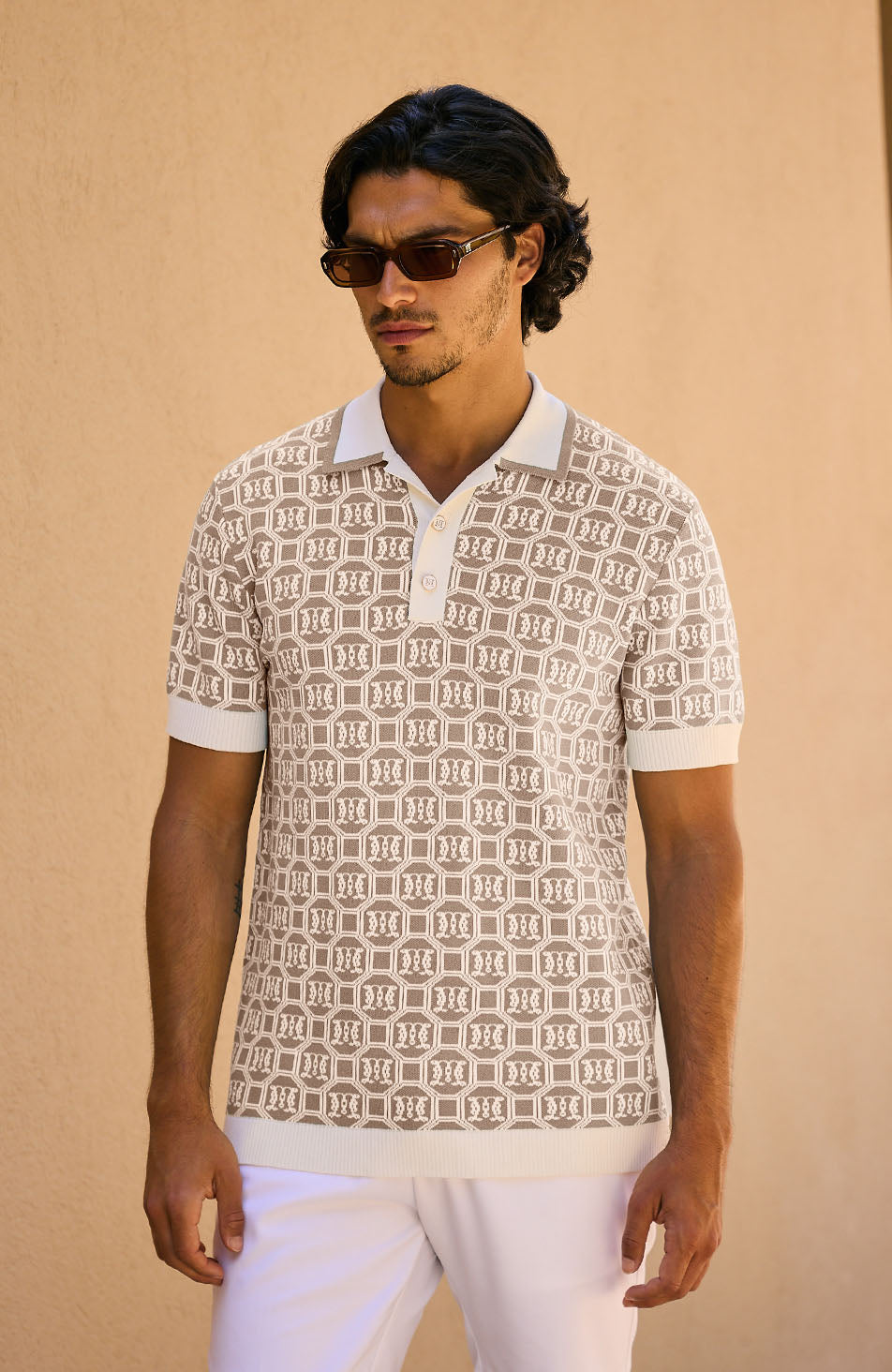 Monogram Long Sleeve Polo in Beige