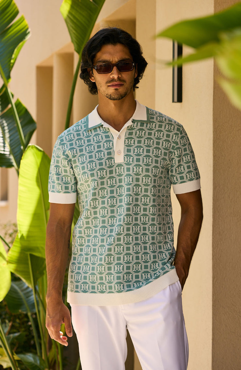 Monogram Jacquard Knit Polo in Sage