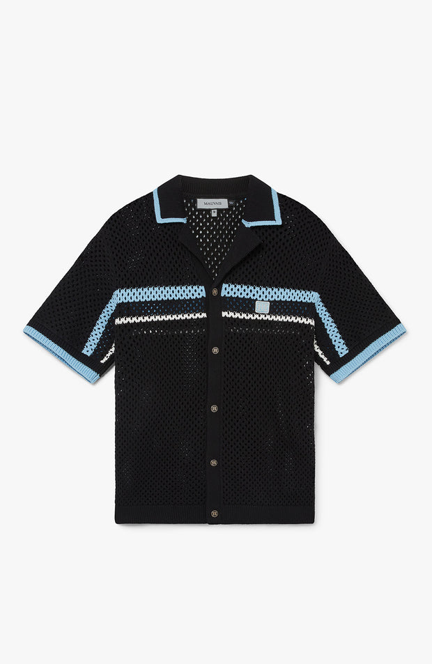 Malibu Cotton Short Sleeve Crochet Shirt in Black