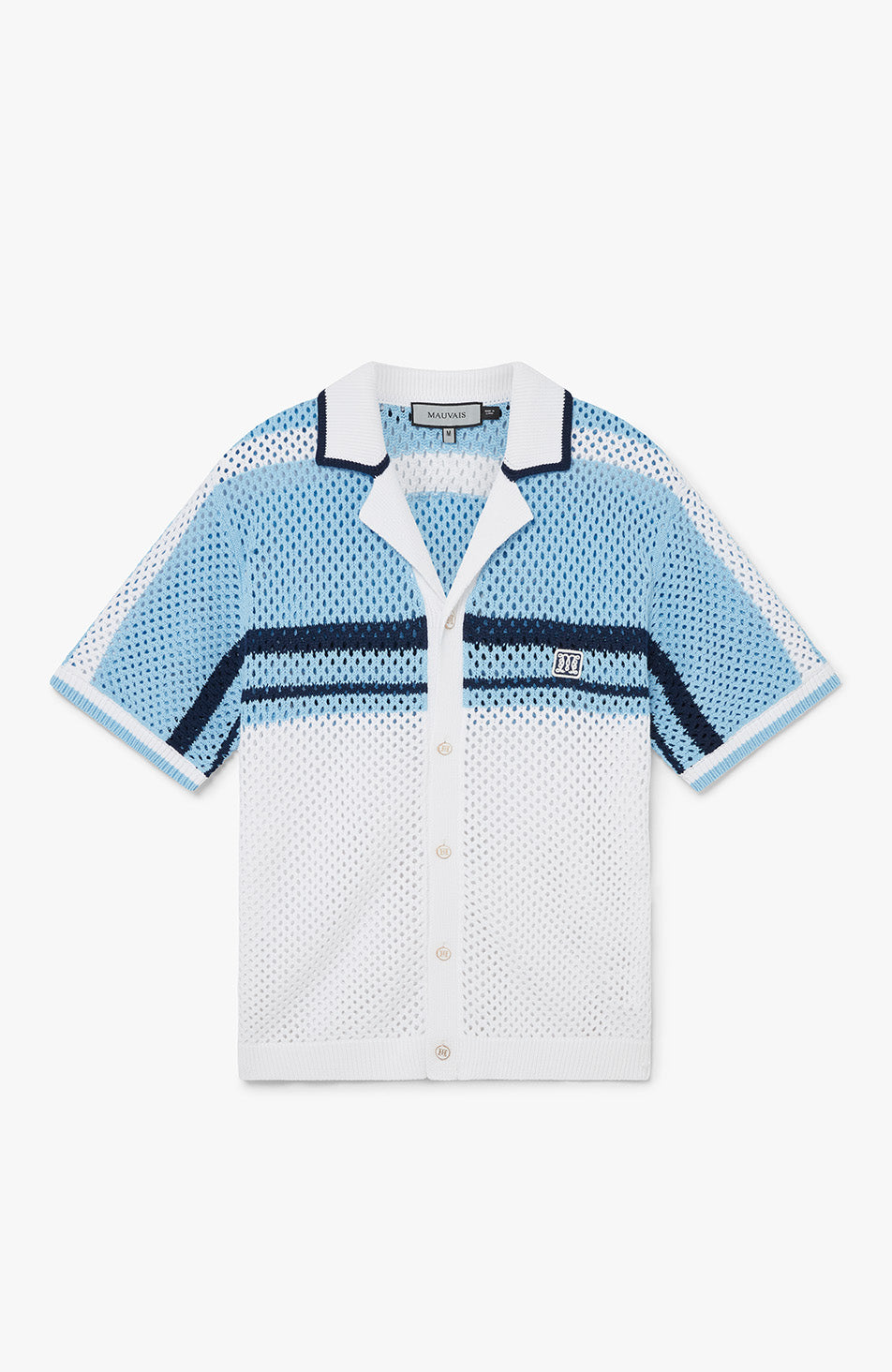 Malibu Cotton Short Sleeve Crochet Shirt in Blue and White