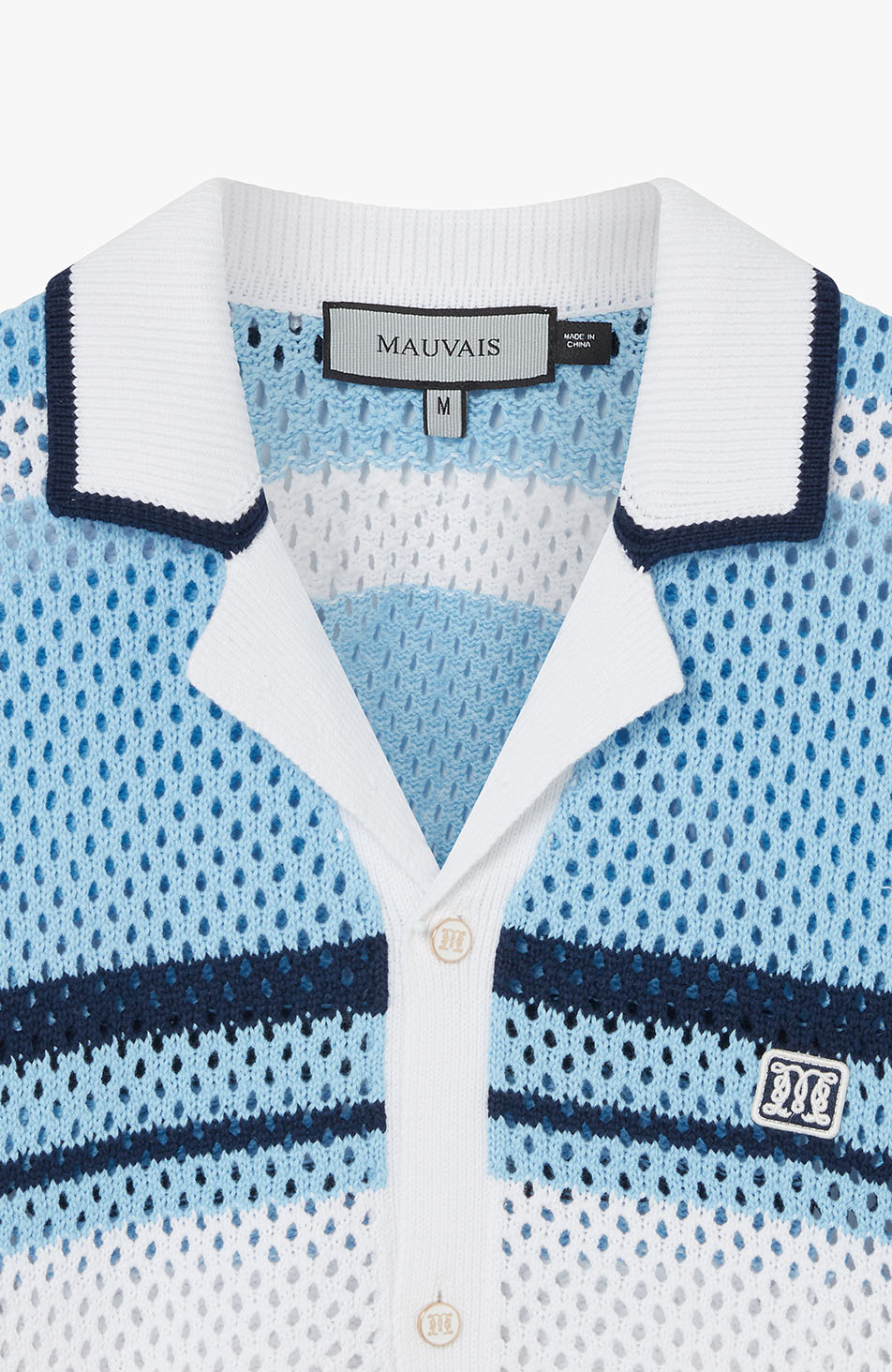 Malibu Cotton Short Sleeve Crochet Shirt in Blue and White