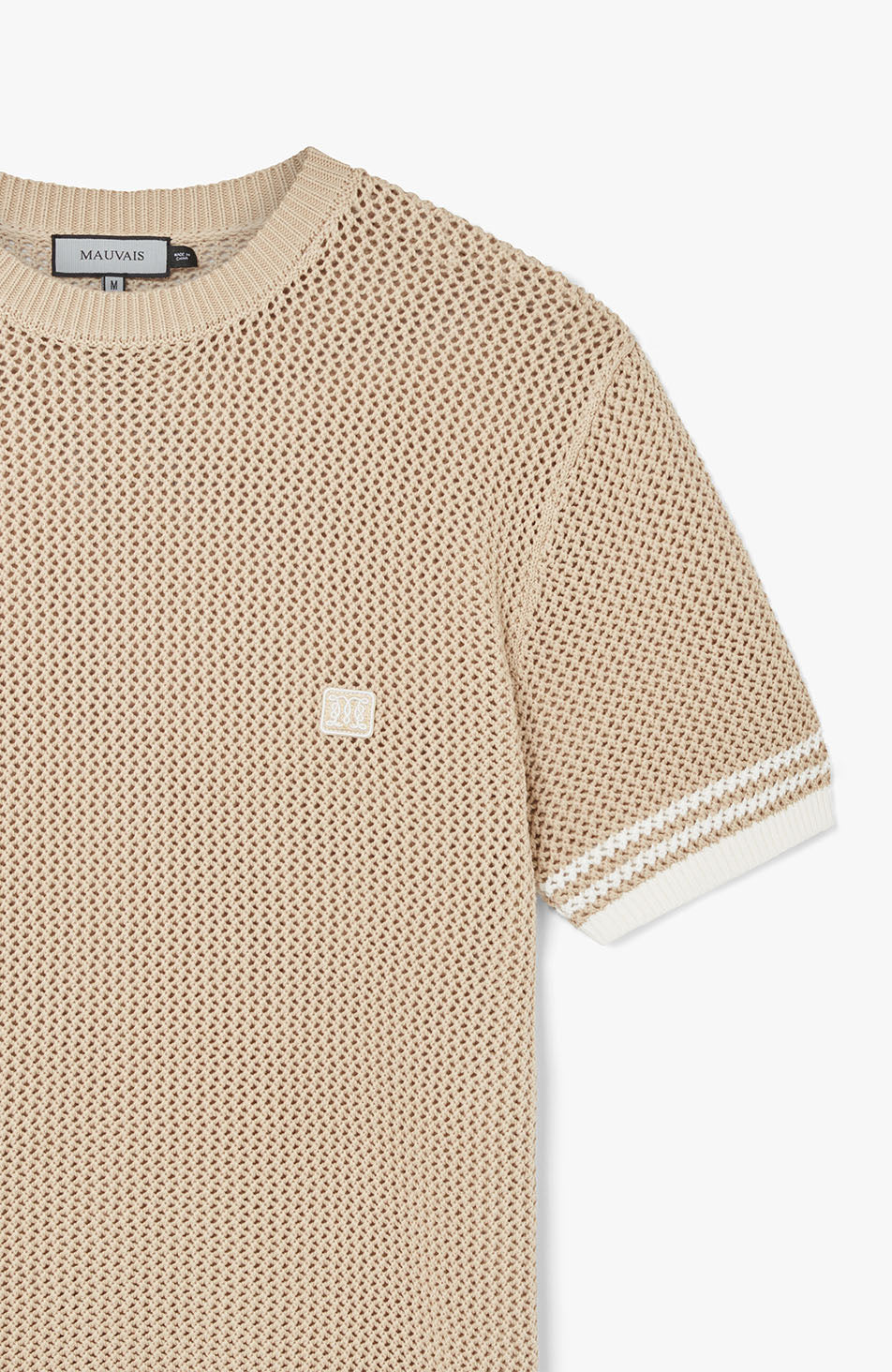 Malibu Cotton Short Sleeve Crochet T-shirt in Beige