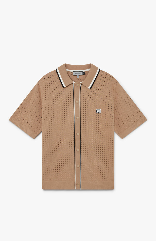Marmont Pointelle Knitted Short Sleeve Shirt in Taupe