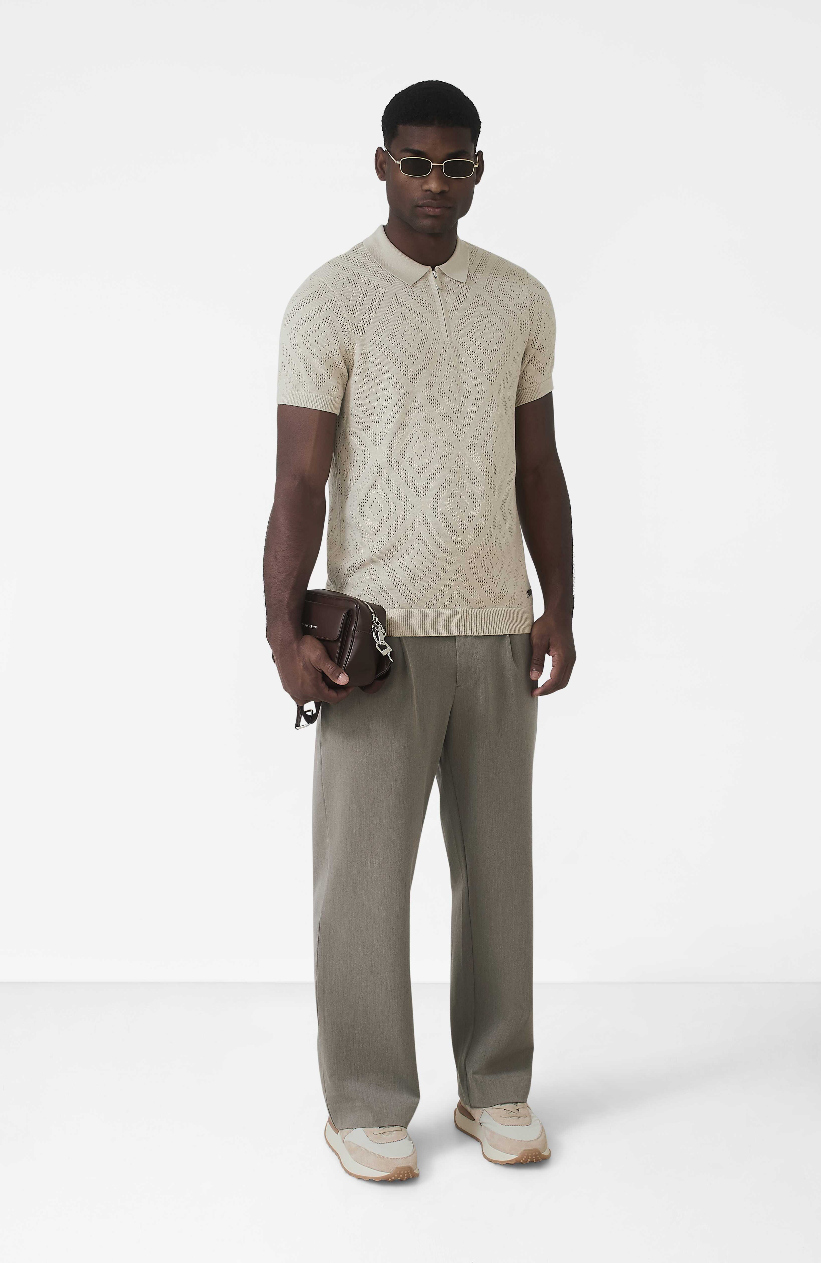 Chalbi Slim Fit Knit Pointelle Zip Polo in Beige