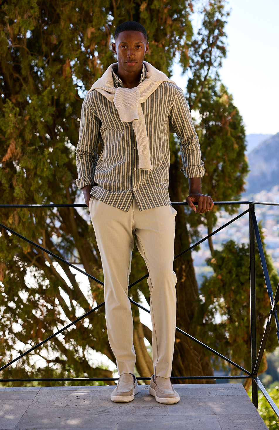Bocelli Long Sleeve Stripe Shirt in Beige and Charcoal Stripes